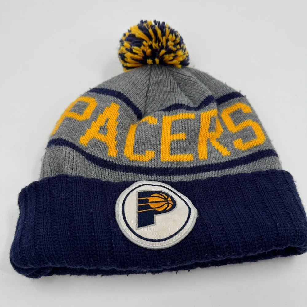 Mitchell Ness NBA Indiana‎ Pacers Knit Beanie Hat Pom Pom Gray Navy Yellow